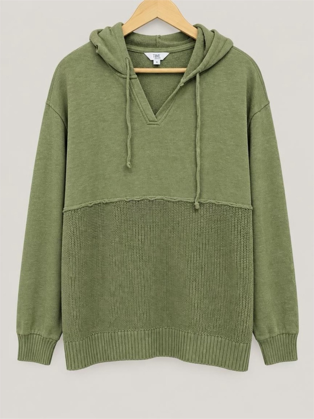 Time and Tru Olive Green V-Neck Hooded Knit Pullover